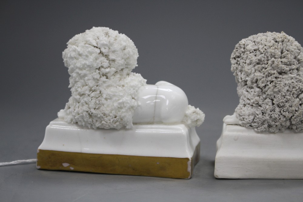 Two Staffordshire porcelain figures of recumbent poodles, c.1830-50, possibly Lloyd Shelton, L. 9.5cm